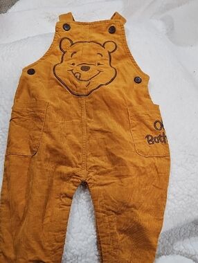Vibtage Disney Baby Mustard Yellow Corduroy Overalls with Bear Graphic